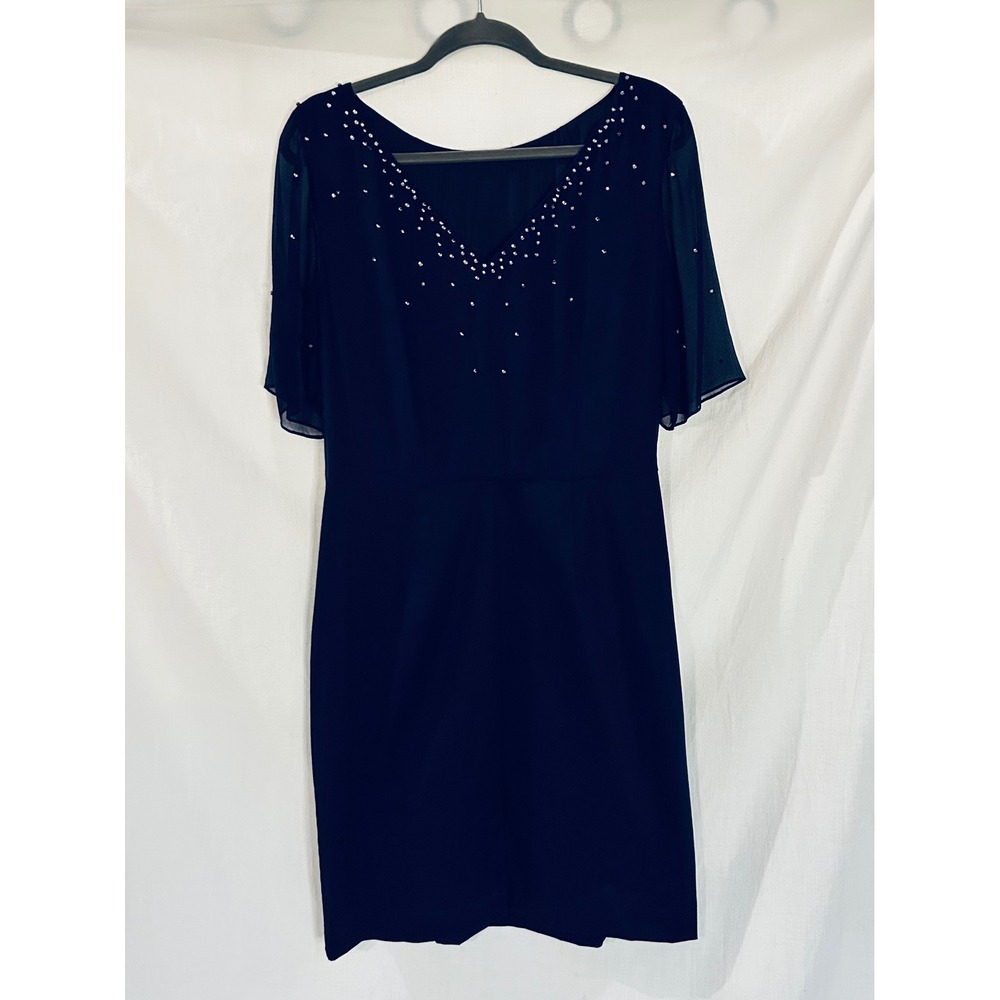 Black Rhinestone Sheath Dress Sheer Flutter Sleeve V-Back Cocktail Dress - Picture 6 of 10